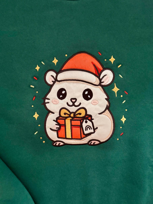 Embroidered Hamster Holiday Sweater — Evergreen