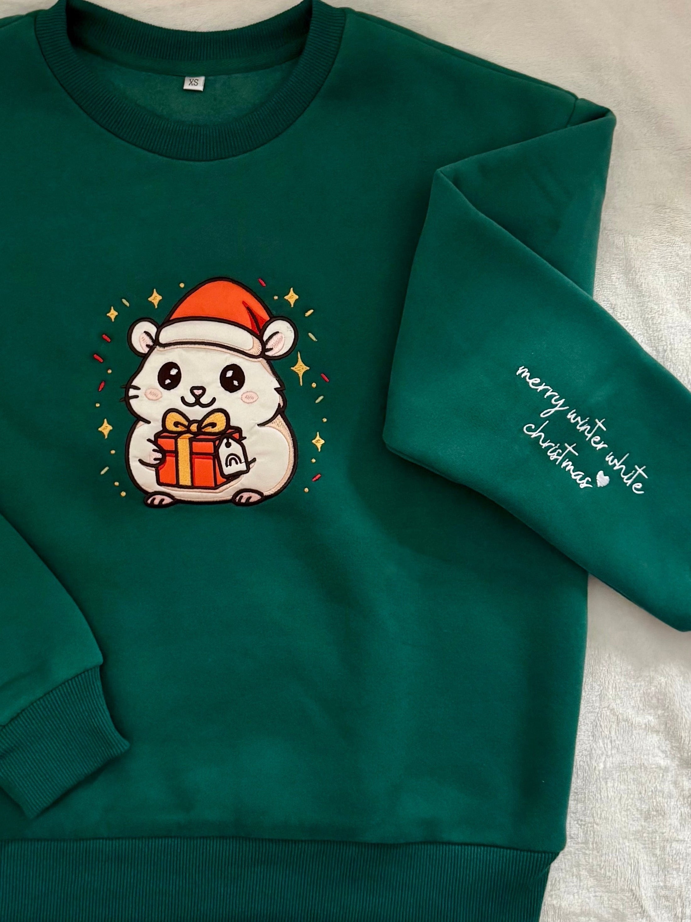 Embroidered Hamster Holiday Sweater — Evergreen